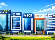 Gedung kantor pusat Bank Mandiri di Jakarta dengan latar belakang area perkantoran