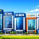 Gedung kantor pusat Bank Mandiri di Jakarta dengan latar belakang area perkantoran