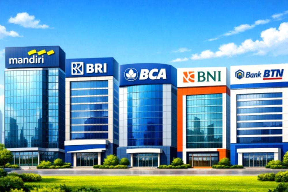 Gedung kantor pusat Bank Mandiri di Jakarta dengan latar belakang area perkantoran