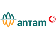 Logo PT Aneka Tambang Tbk (ANTM) dengan latar belakang kantor operasional perusahaan