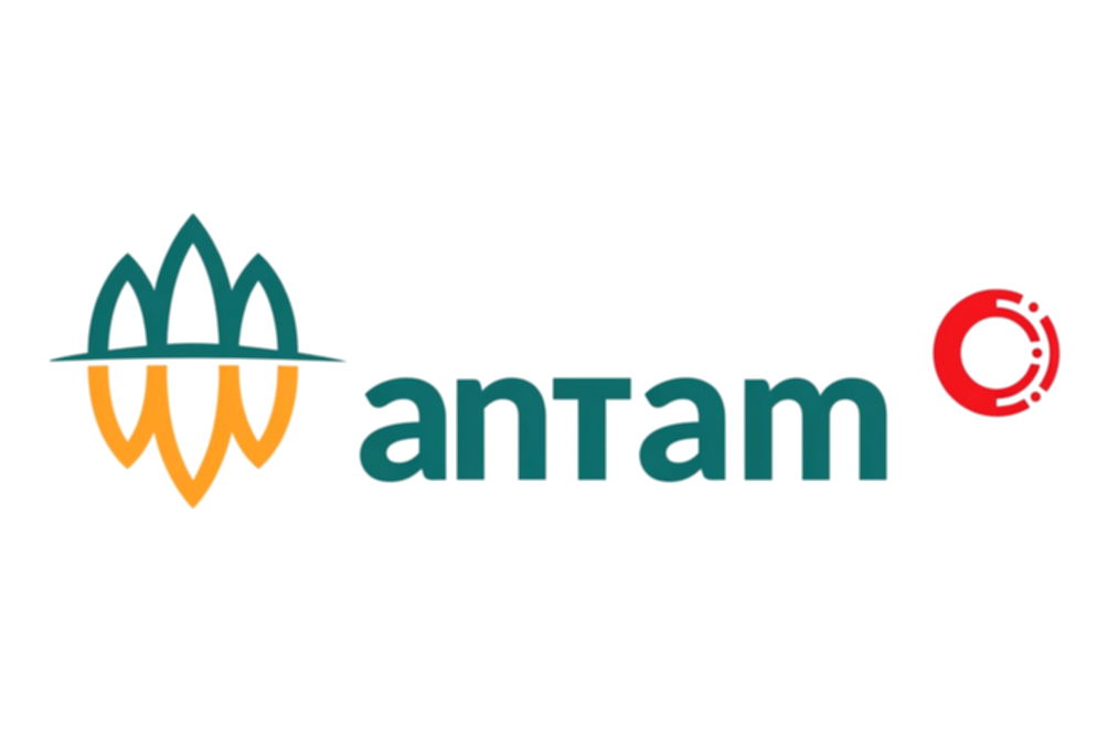 Logo PT Aneka Tambang Tbk (ANTM) dengan latar belakang kantor operasional perusahaan
