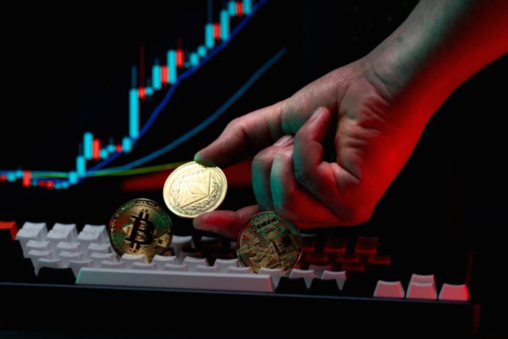 Ilustrasi digital token saham berbasis teknologi blockchain yang menunjukkan konsep investasi aset kripto modern.