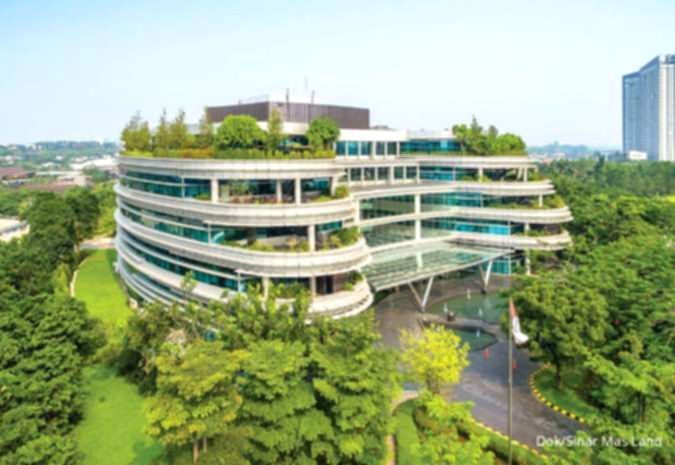 Gedung kantor PT Bumi Serpong Damai Tbk (BSDE) dengan logo perusahaan yang terlihat jelas di area perkantoran.