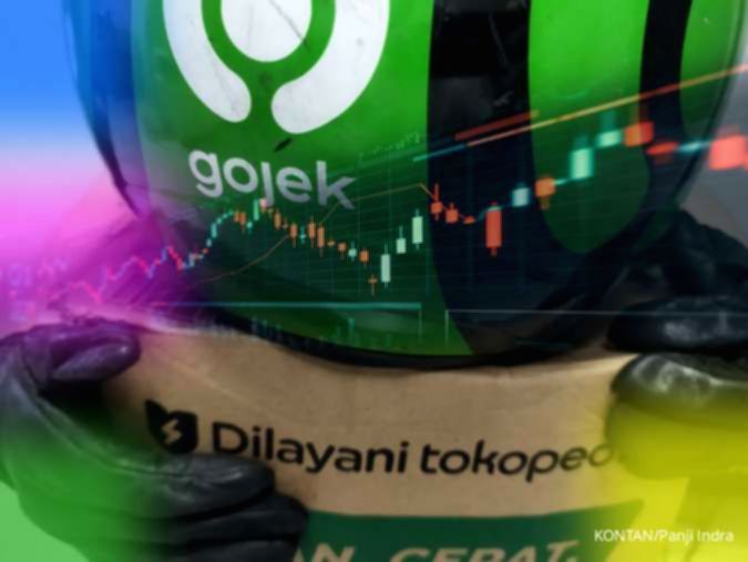 Grafik pergerakan harga saham GOTO di layar perdagangan bursa efek dengan latar belakang suasana bursa